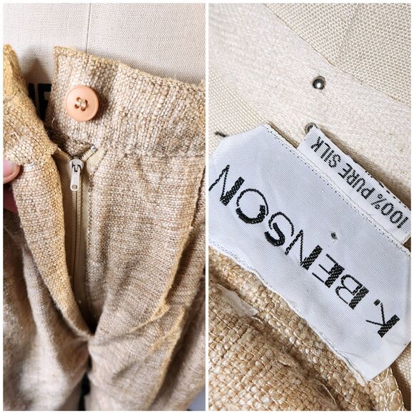Vintage RAW SILK Beige Pants - High Waisted Pants Cigarette Ankle Trousers M - Picture 5 of 8